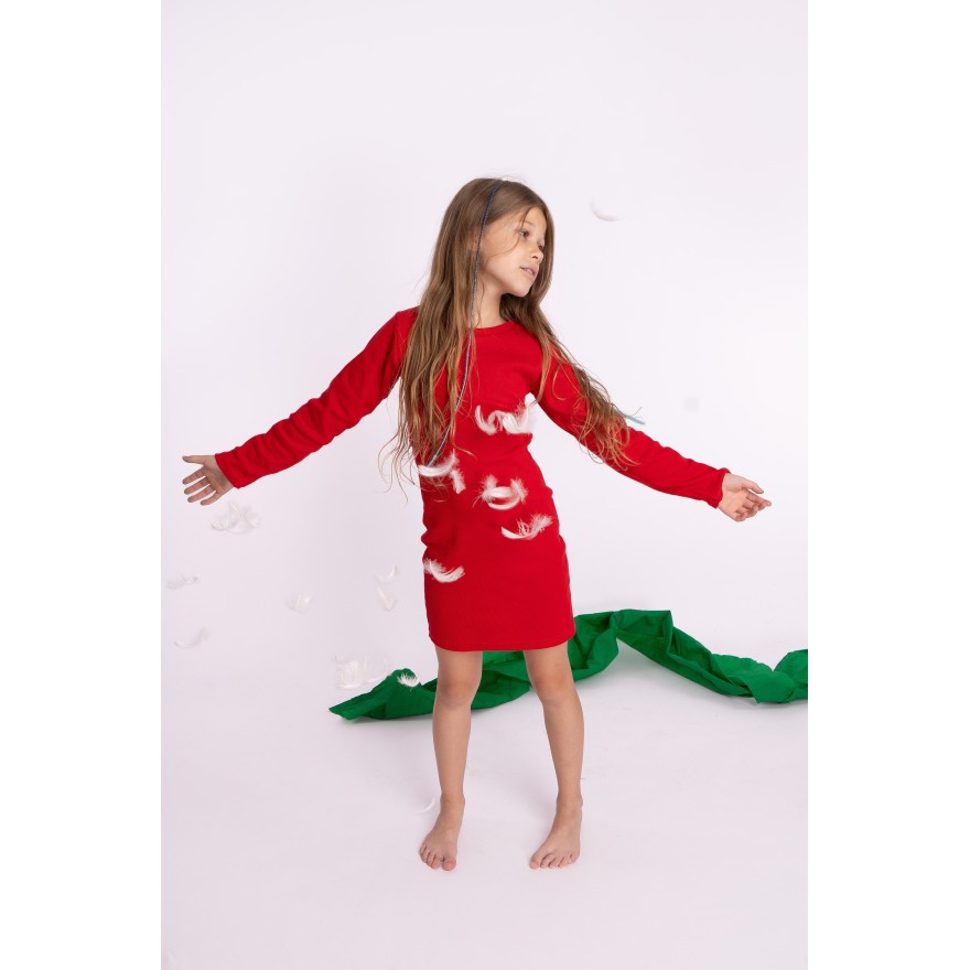 Czerwona SUKIENKA ołówkowa bawełniana z prążka dopasowana długi rękaw prążek święta