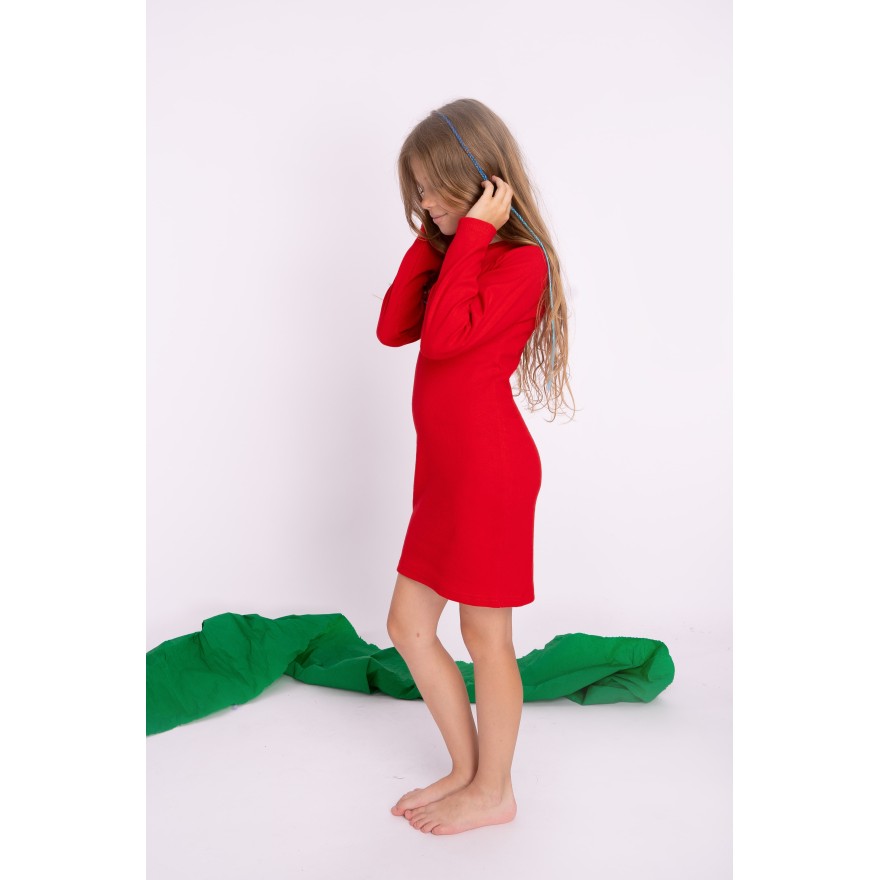 Czerwona SUKIENKA ołówkowa bawełniana z prążka dopasowana długi rękaw prążek święta