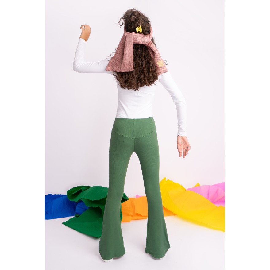 Khaki SPODNIE legginsy FLARE getry rozszerzane dzwony PRĄŻEK regulowane w pasie