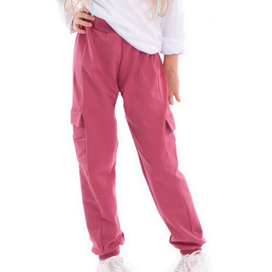 Różowe SPODNIE BOJÓWKI dresowe z kieszeniami dresówka PĘTELKA regulowane w pasie