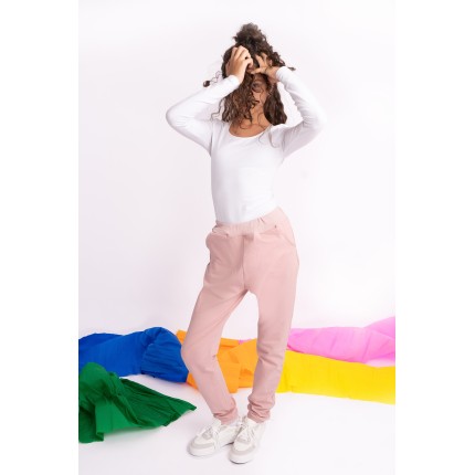 Różowe SPODNIE DRESOWE dresówka PĘTELKA gładkie regulowane w pasie
