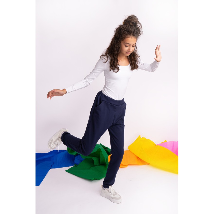 Granatowe SPODNIE DRESOWE dresówka PĘTELKA gładkie regulowane w pasie