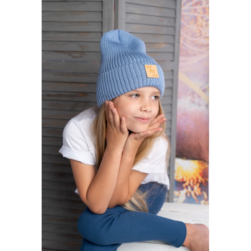 Merino czapka niebieska 100% wełna podwijana jesień zima