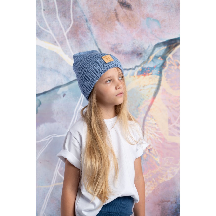 Merino czapka niebieska 100% wełna podwijana jesień zima