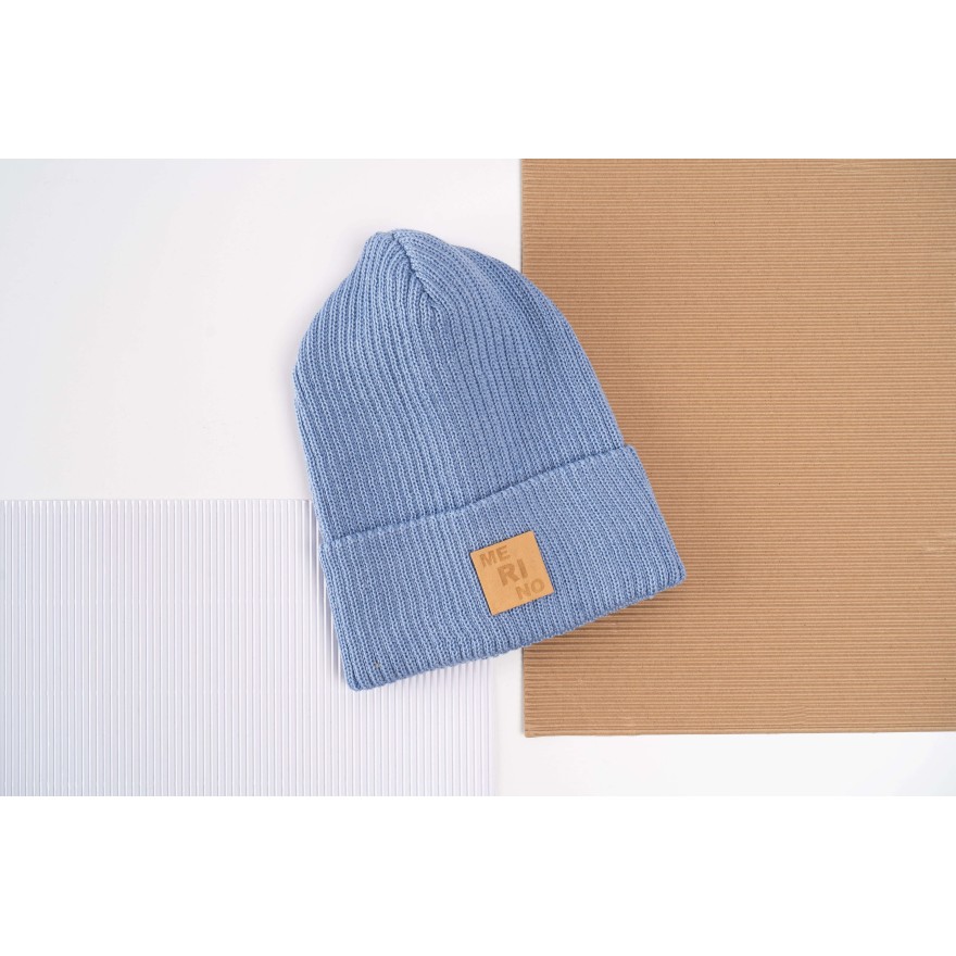 Merino czapka niebieska 100% wełna podwijana jesień zima