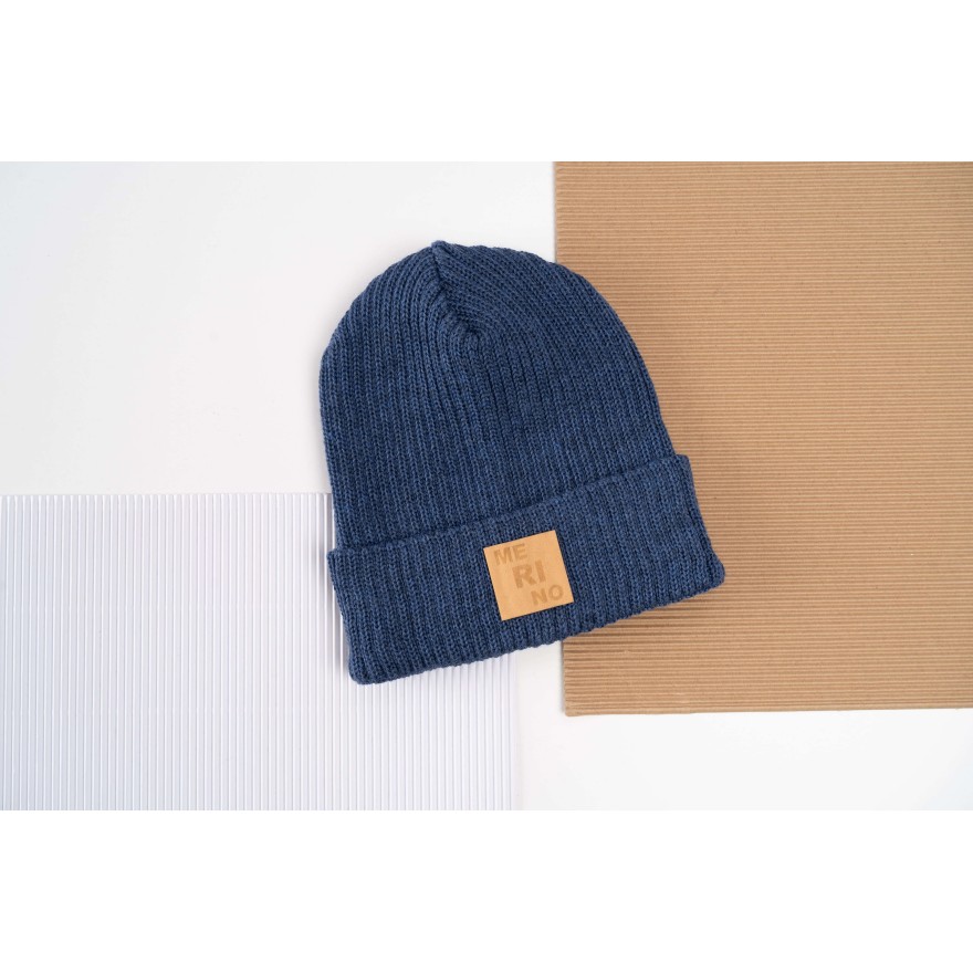 Merino czapka jeans 100% wełna podwijana jesień zima