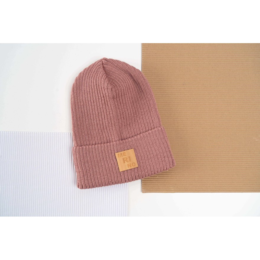 Merino czapka różowa 100% wełna podwijana jesień zima