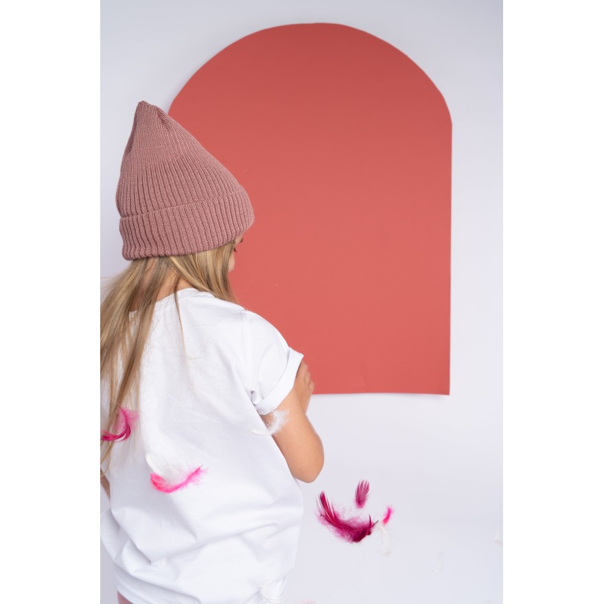 Merino czapka różowa 100% wełna podwijana jesień zima