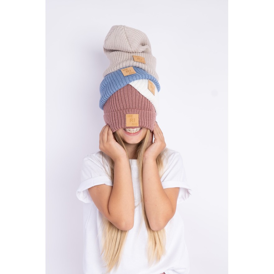 Merino czapka ecru 100% wełna podwijana jesień zima