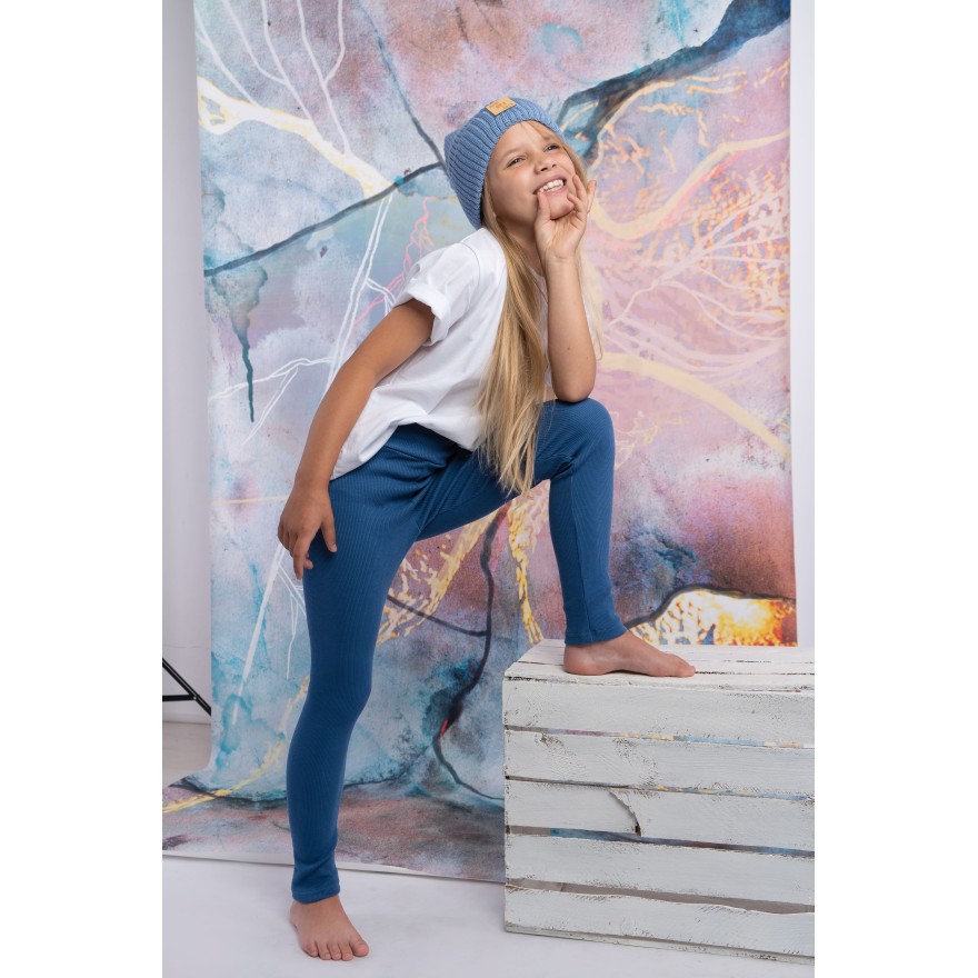 Granatowe LEGGINSY Z PRĄŻKA długie getry dziewczęce prążek regulowane w pasie