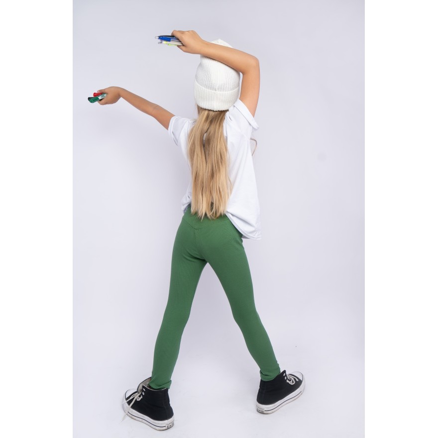 Khaki LEGGINSY Z PRĄŻKA długie getry dziewczęce prążek regulowane w pasie