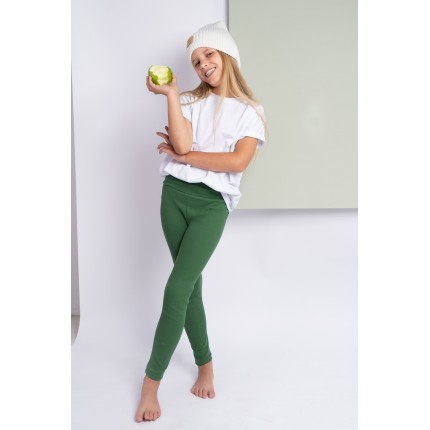 Khaki LEGGINSY Z PRĄŻKA długie getry dziewczęce prążek regulowane w pasie