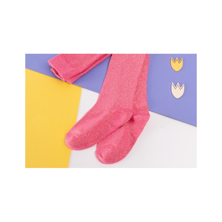 Różowe rajstopy bawełniane ze złotą błyszczącą nitką dziewczęce brokatowe