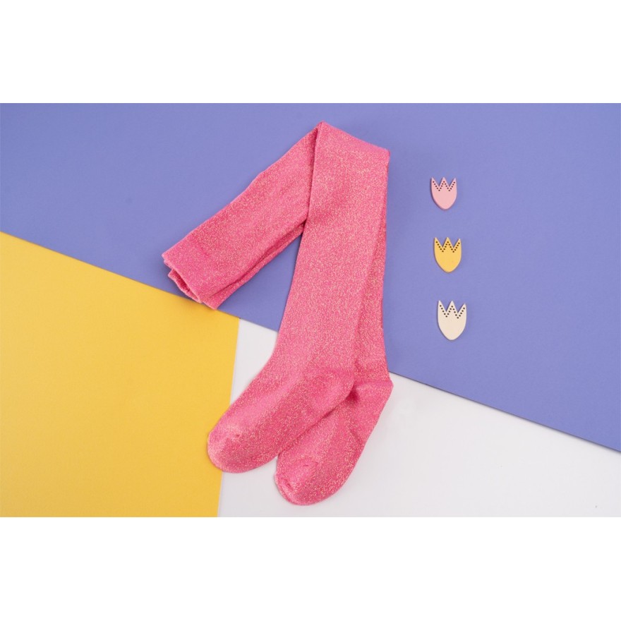 Różowe rajstopy bawełniane ze złotą błyszczącą nitką dziewczęce brokatowe