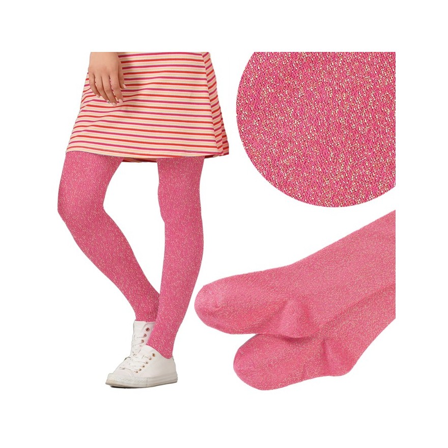 Różowe rajstopy bawełniane ze złotą błyszczącą nitką dziewczęce brokatowe