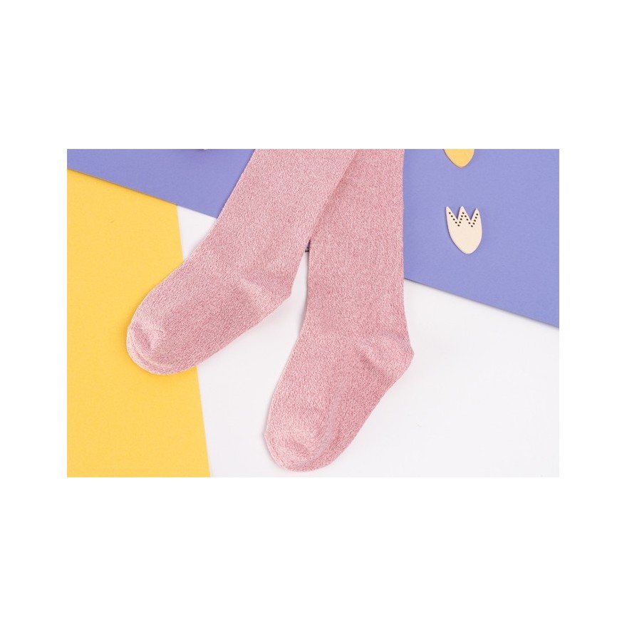 Jasny róż rajstopy bawełniane z różową błyszczącą nitką dziewczęce brokatowe