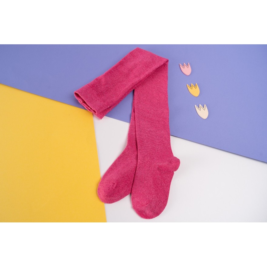 Amarantowe rajstopy bawełniane z różową błyszczącą nitką dziewczęce brokatowe