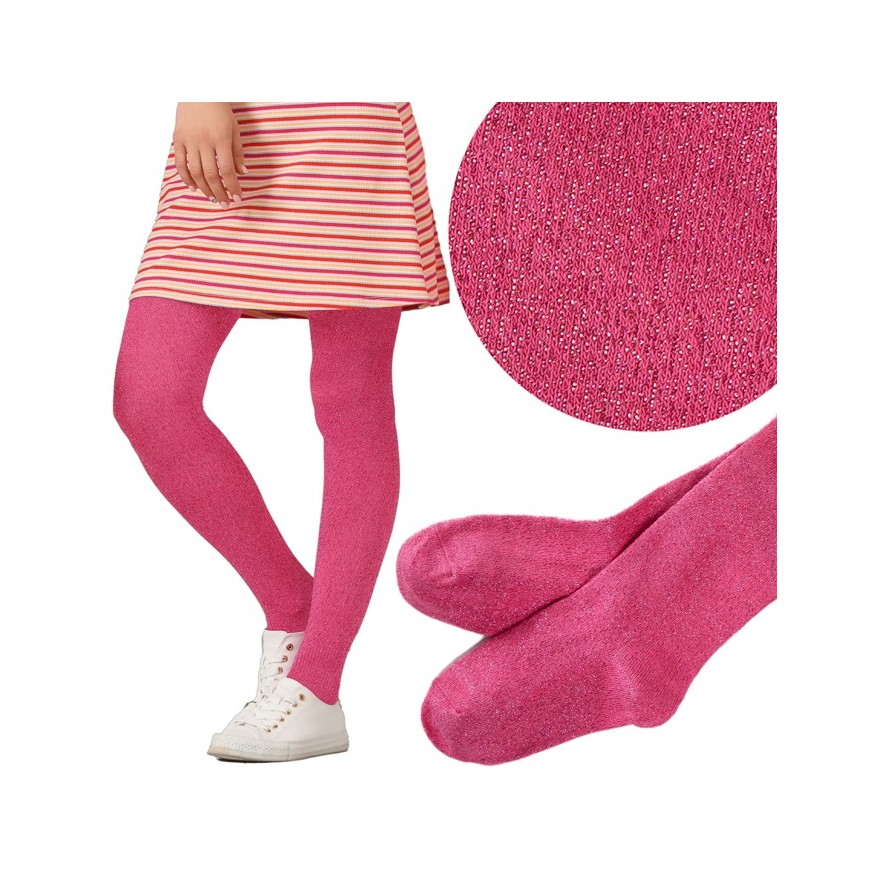 Amarantowe rajstopy bawełniane z różową błyszczącą nitką dziewczęce brokatowe