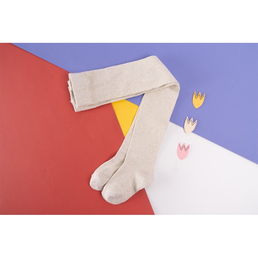 Ecru rajstopy bawełniane ze złotą błyszczącą nitką dziewczęce brokatowe