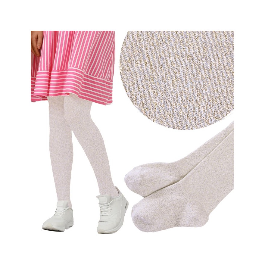 Ecru rajstopy bawełniane ze złotą błyszczącą nitką dziewczęce brokatowe