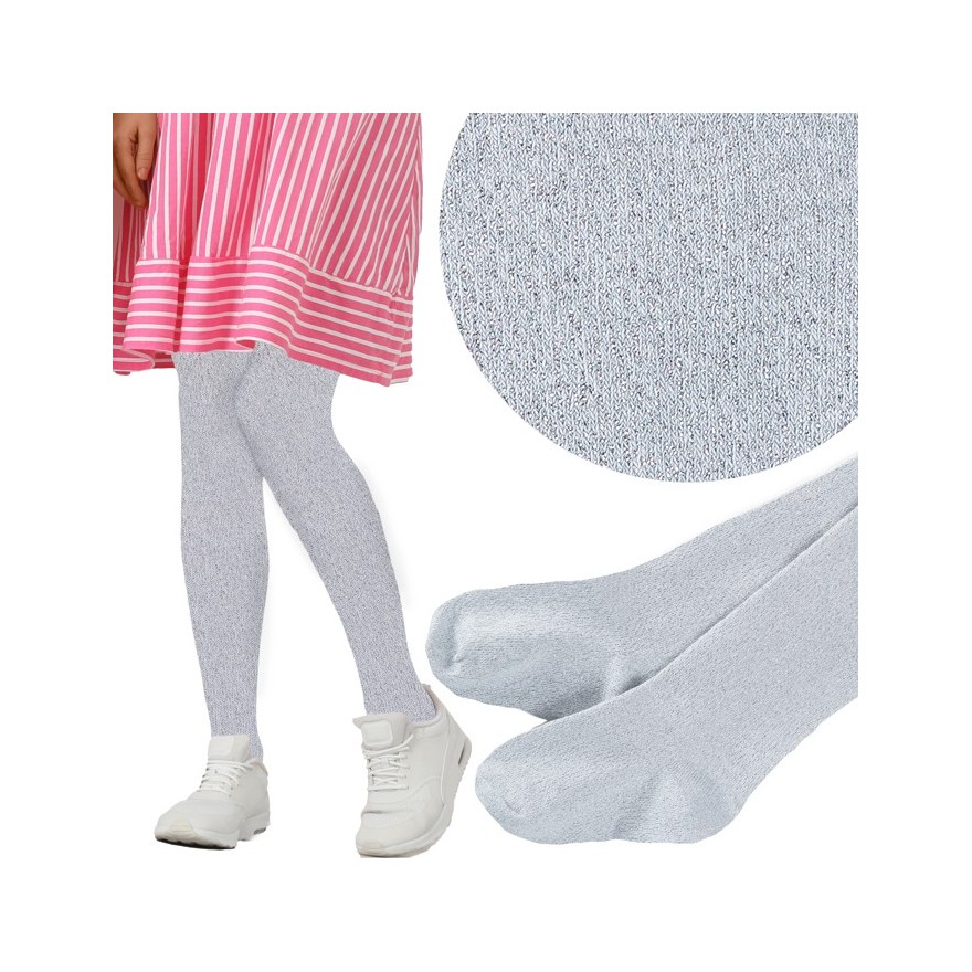 Białe rajstopy bawełniane ze srebrną błyszczącą nitką dziewczęce brokatowe