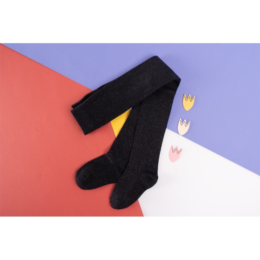 Czarne rajstopy bawełniane z czarną błyszczącą nitką dziewczęce brokatowe