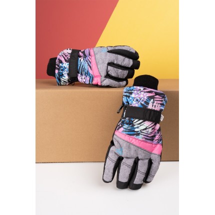 Szare rękawiczki narciarskie 5P kolorowe wzory r.140-152