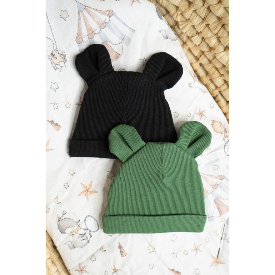 2PAK CZAPKA niemowlęca bawełniana czarna zielona prążek uszy wyprawka