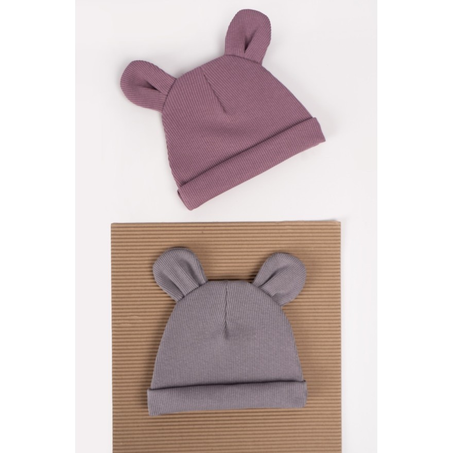 2PAK CZAPKA niemowlęca bawełniana lila grafit prążek uszy wyprawka