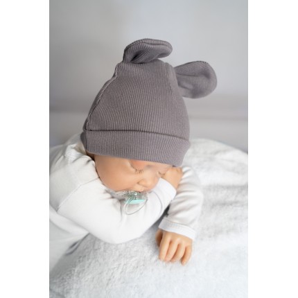 2PAK CZAPKA niemowlęca bawełniana lila grafit prążek uszy wyprawka