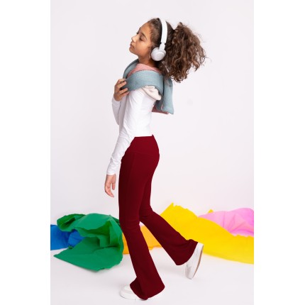 Bordowe SPODNIE legginsy FLARE getry rozszerzane dzwony PRĄŻEK regulowane w pasie