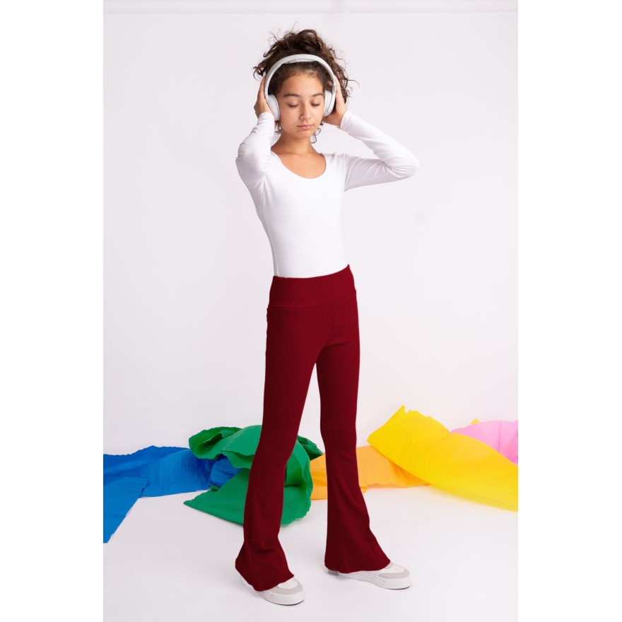 Bordowe SPODNIE legginsy FLARE getry rozszerzane dzwony PRĄŻEK regulowane w pasie