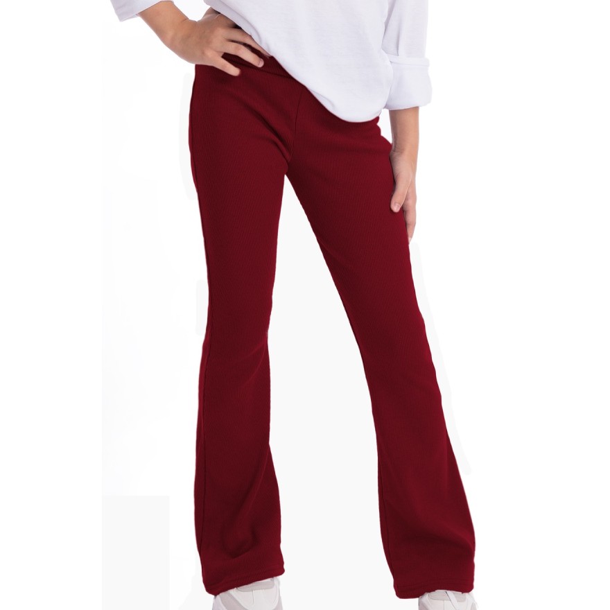 Bordowe SPODNIE legginsy FLARE getry rozszerzane dzwony PRĄŻEK regulowane w pasie