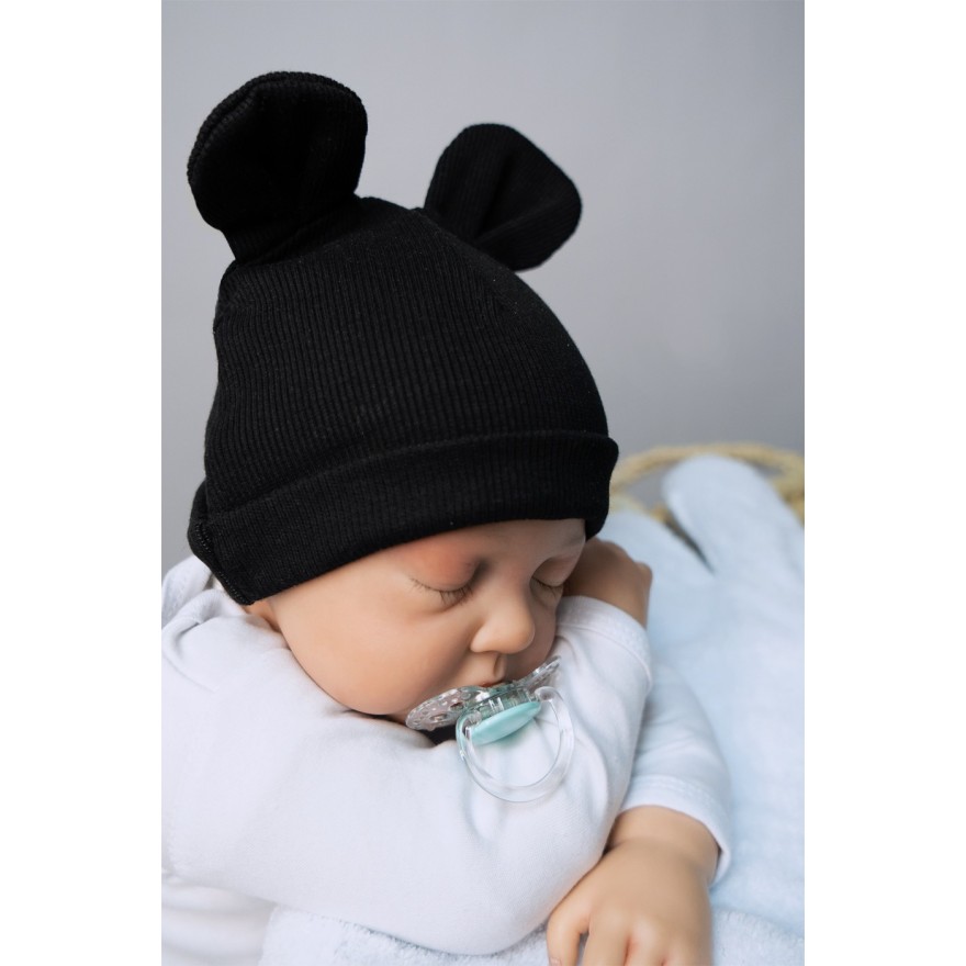 2PAK CZAPKA niemowlęca bawełniana róż czarny prążek uszy wyprawka