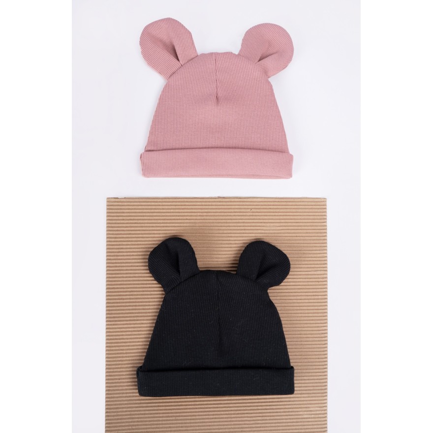 2PAK CZAPKA niemowlęca bawełniana róż czarny prążek uszy wyprawka