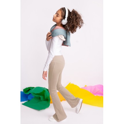 Beżowe SPODNIE legginsy FLARE getry rozszerzane dzwony PRĄŻEK regulowane w pasie