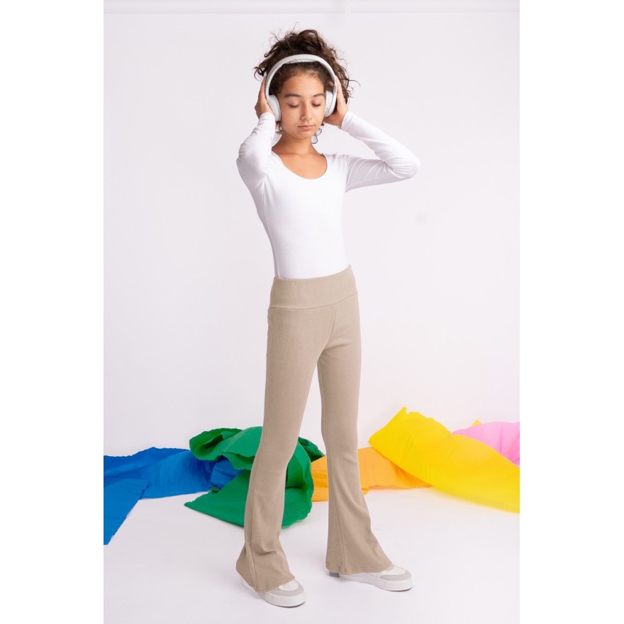 Beżowe SPODNIE legginsy FLARE getry rozszerzane dzwony PRĄŻEK regulowane w pasie