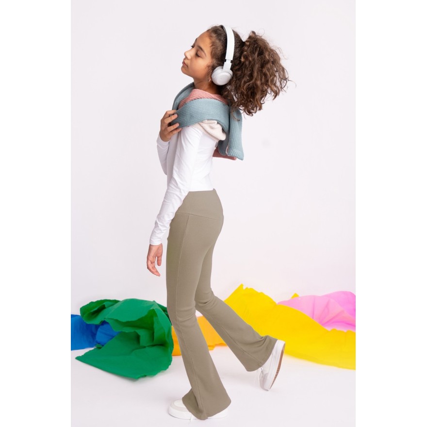 Brązowe SPODNIE legginsy FLARE getry rozszerzane dzwony PRĄŻEK regulowane w pasie