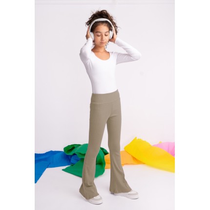 Brązowe SPODNIE legginsy FLARE getry rozszerzane dzwony PRĄŻEK regulowane w pasie