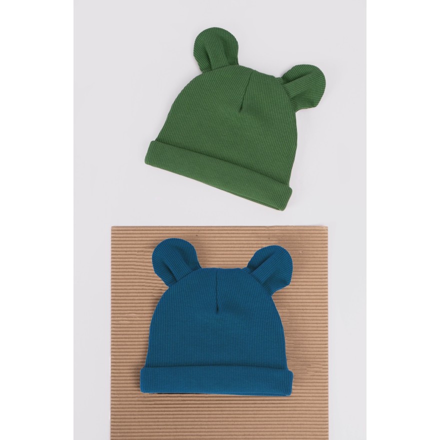 2PAK CZAPKA niemowlęca bawełniana zielony granat prążek uszy wyprawka