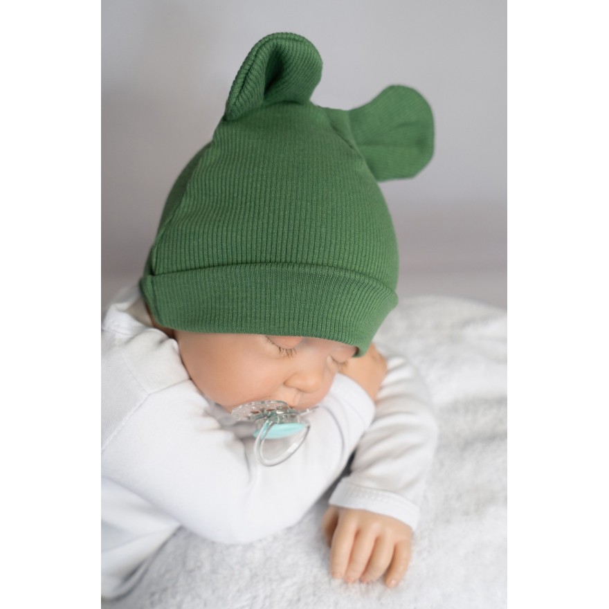 2PAK CZAPKA niemowlęca bawełniana zielony granat prążek uszy wyprawka