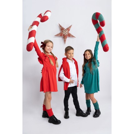 Butelkowa zieleń SUKIENKA gładka z falbanką długi rękaw święta