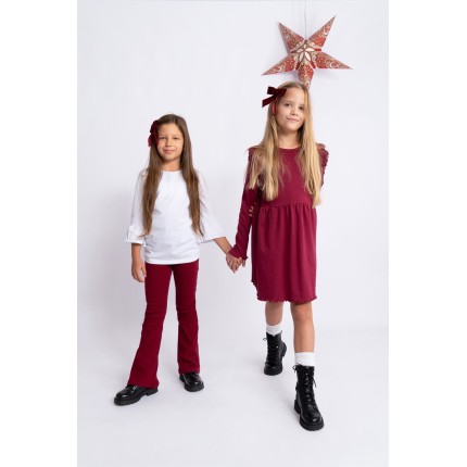 Bordowa SUKIENKA gładka z falbanką długi rękaw święta