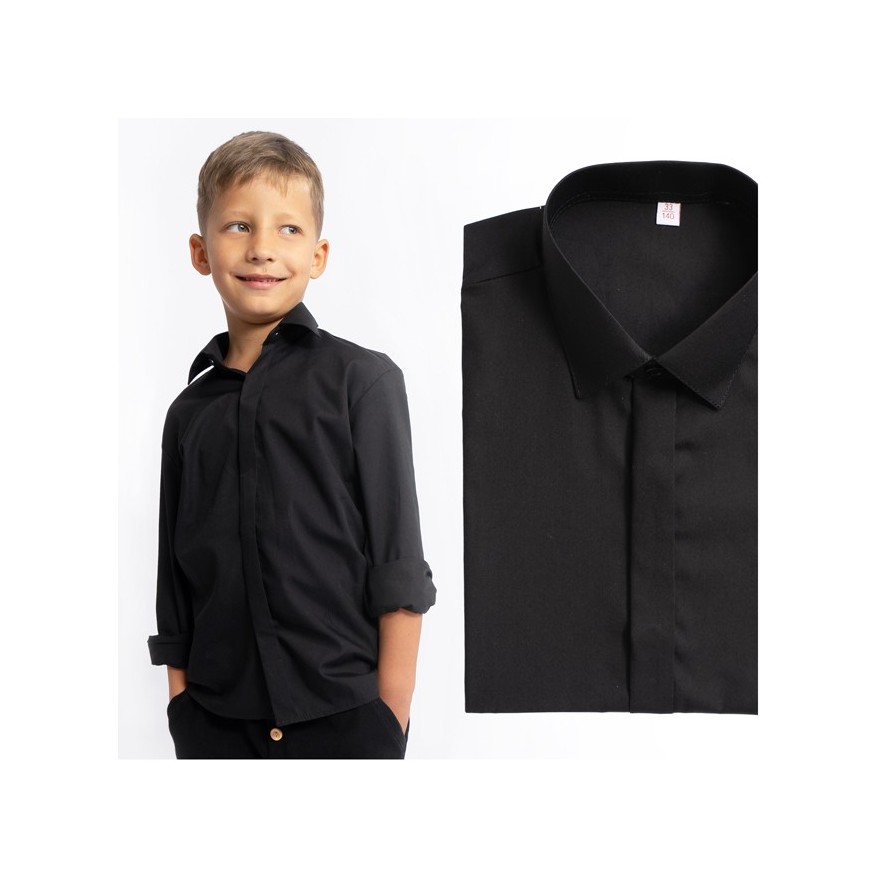 Czarna koszula z długim rękawem elegancka z kryta plisą slim szkoła święta