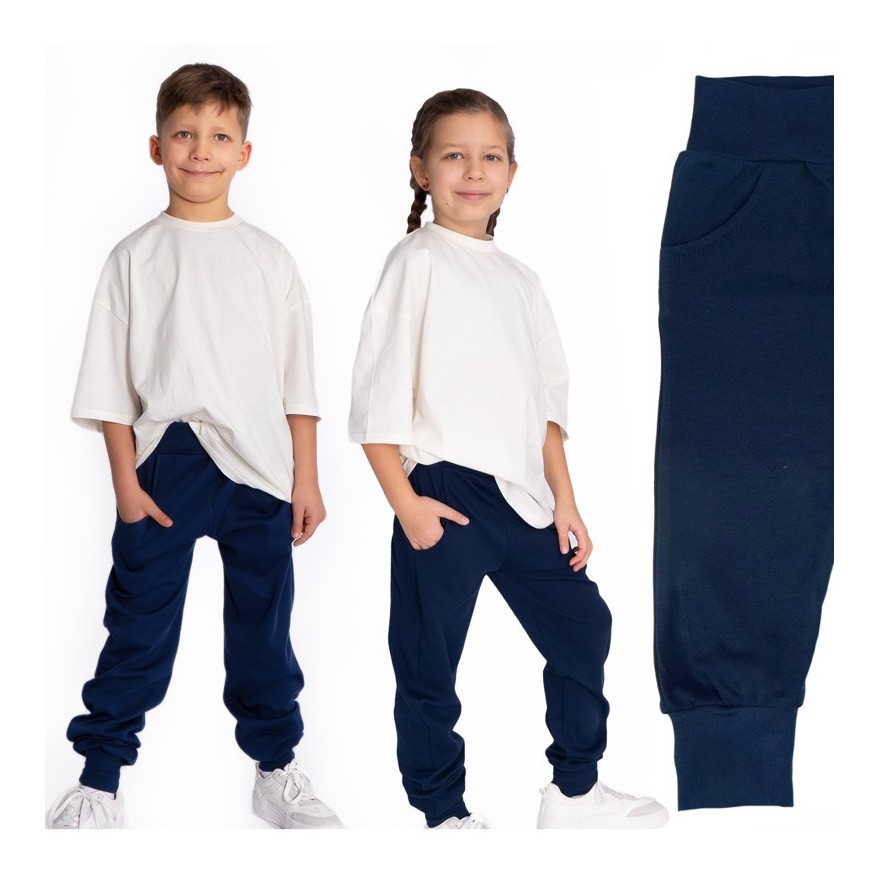 Granatowe spodnie bawełniane lekkie regulowane w pasie bezuciskowe NEON FRESH