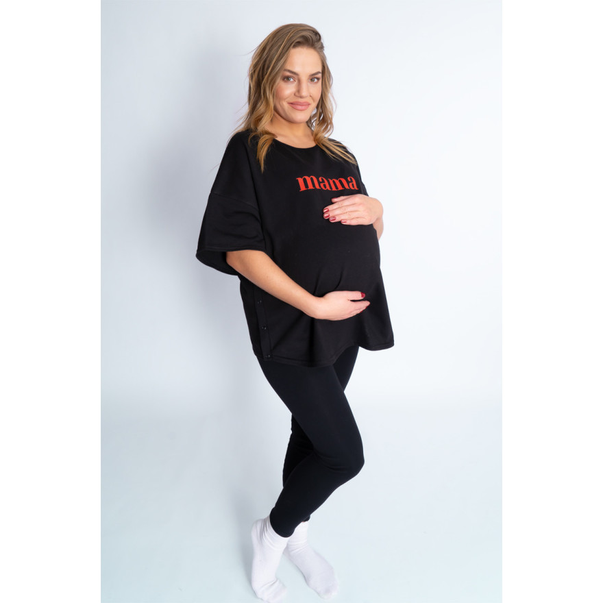 Czarna bluzka ciążowa koszulka do karmienia z napisem MAMA rozpinana na napy