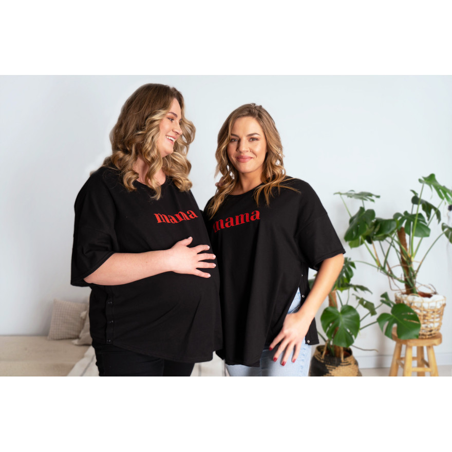 Czarna bluzka ciążowa koszulka do karmienia z napisem MAMA rozpinana na napy