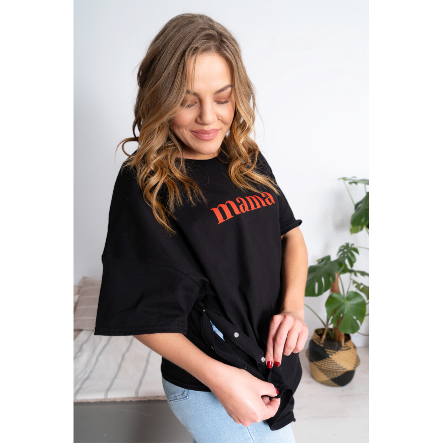Czarna bluzka ciążowa koszulka do karmienia z napisem MAMA rozpinana na napy