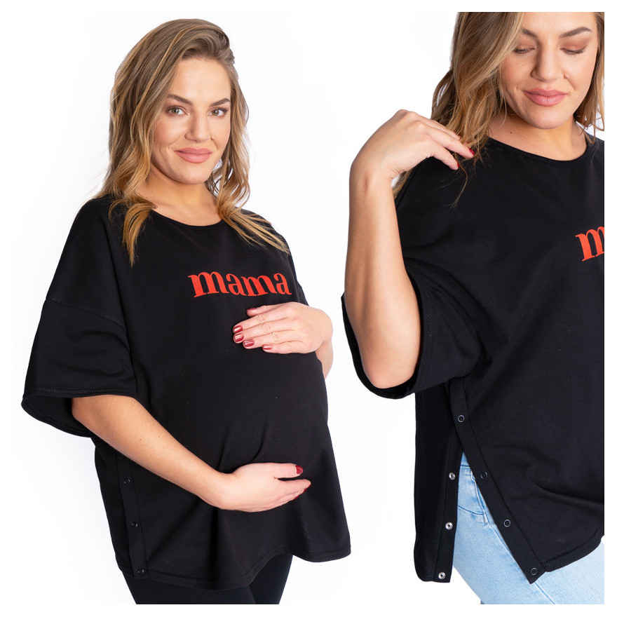Czarna bluzka ciążowa koszulka do karmienia z napisem MAMA rozpinana na napy