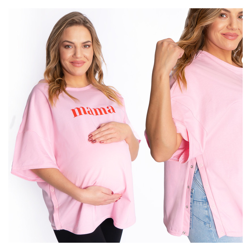 Różowa bluzka ciążowa koszulka do karmienia z napisem MAMA rozpinana na napy